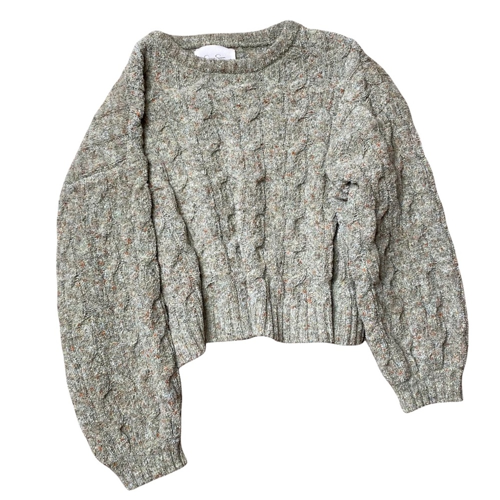 Jessica Simspon Chenille Crop Sweater Cable Knit Sage Green Boho Earth Tone Top